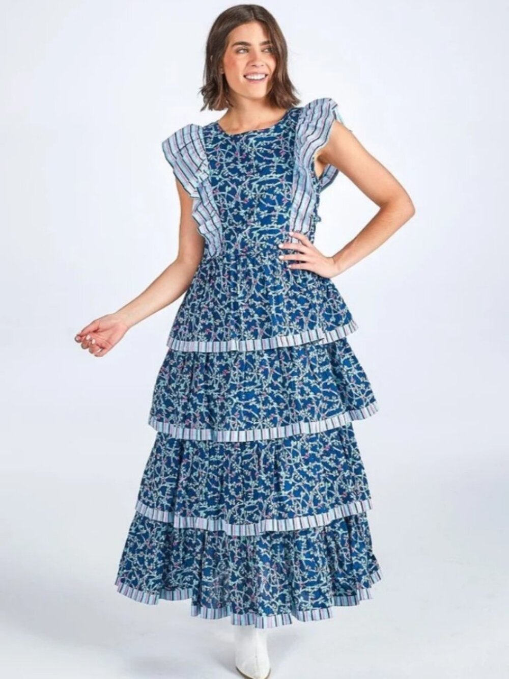 Simply Southern Ruffled Tiered Cotton Maxi Dress Blue Ribbon Preppy NWT Small